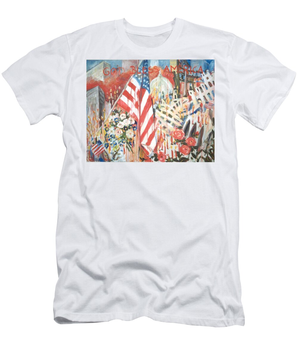 Ingrid Dohm T-Shirt featuring the painting 9-11 Attack by Ingrid Dohm