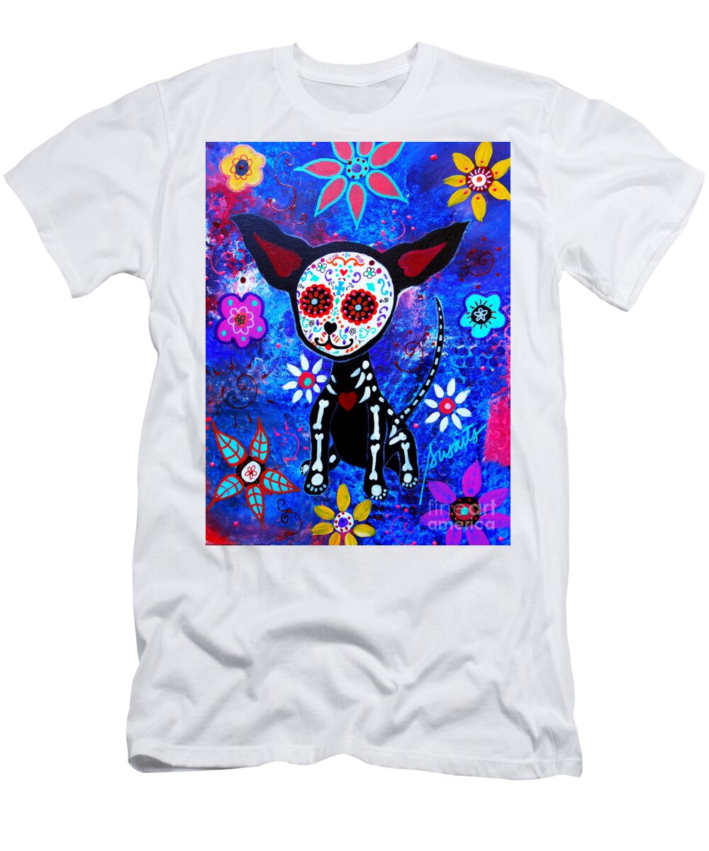 El Perro T-Shirt featuring the painting Chihuahua Dia De Los Muertos #9 by Pristine Cartera Turkus