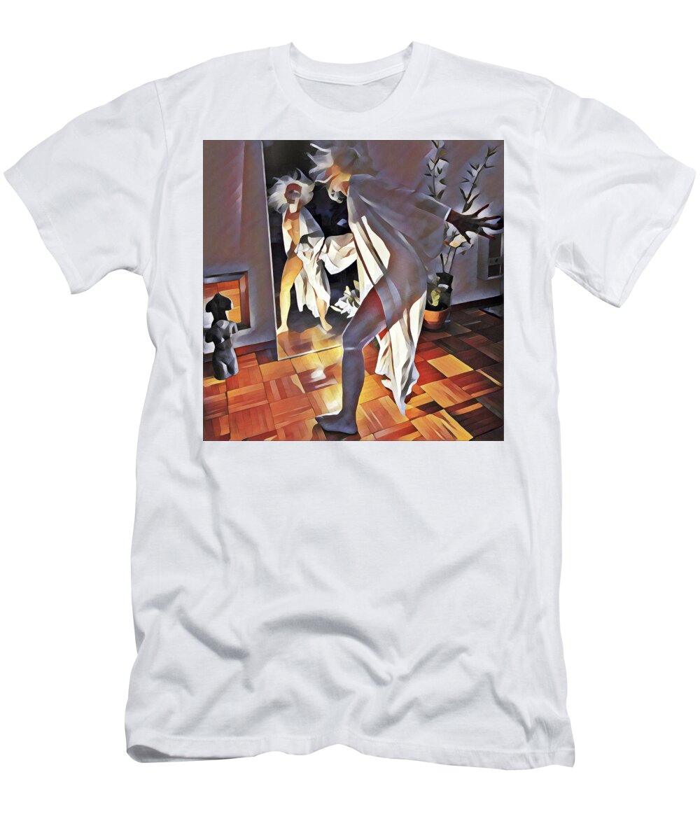 Square T-Shirt featuring the digital art 9926s-DM Watercolor Woman in White Confronts Herself in Mirror by Chris Maher