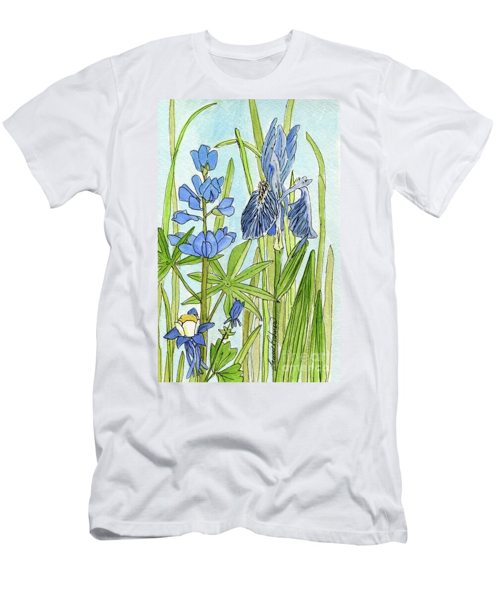 Watercolor Print T-Shirt featuring the painting A Blue Garden by Laurie Rohner