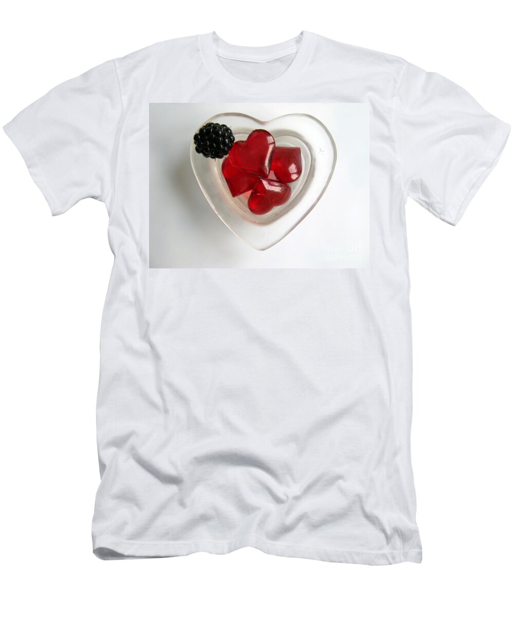 Heart T-Shirt featuring the photograph A Bowl of Hearts and a Blackberry by Ausra Huntington nee Paulauskaite