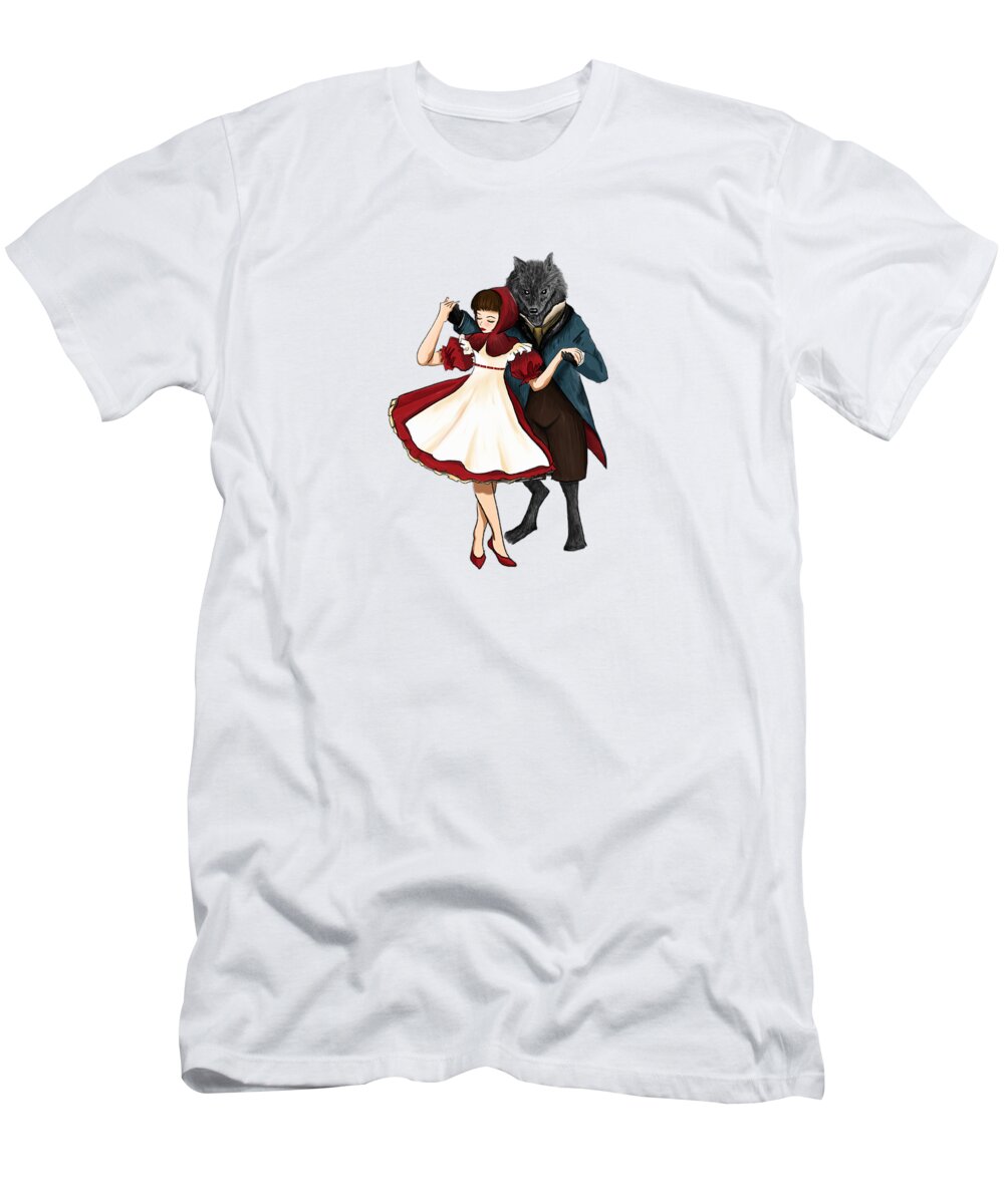 Painting T-Shirt featuring the painting A Dangerous Dance Red Hood And The Wolf Art Print by Little Bunny Sunshine