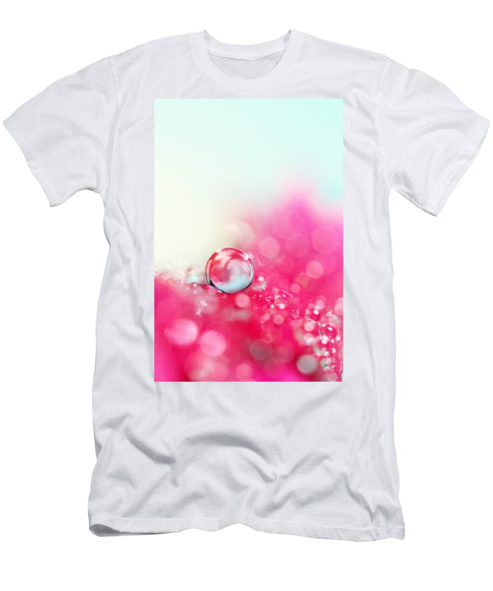 Macro T-Shirt featuring the photograph A Drop with Raspberrys and Cream by Sharon Johnstone