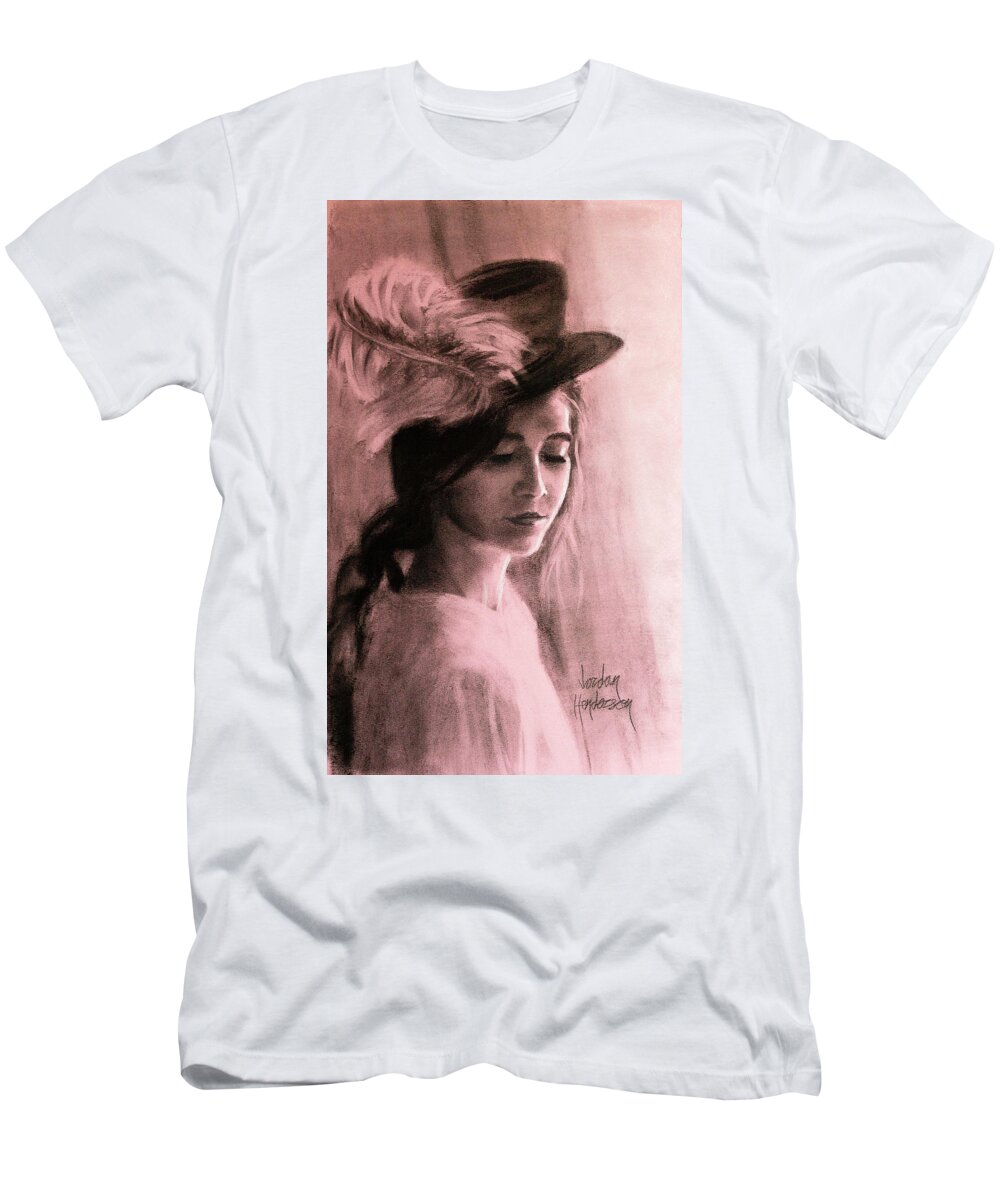 Woman T-Shirt featuring the drawing A Feather in Her Hat by Jordan Henderson