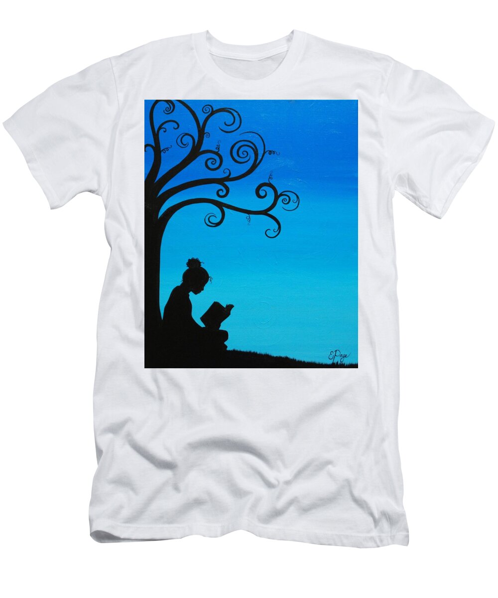 Girl Reading Under Tree T-Shirt featuring the painting A Girl and Her Book by Emily Page
