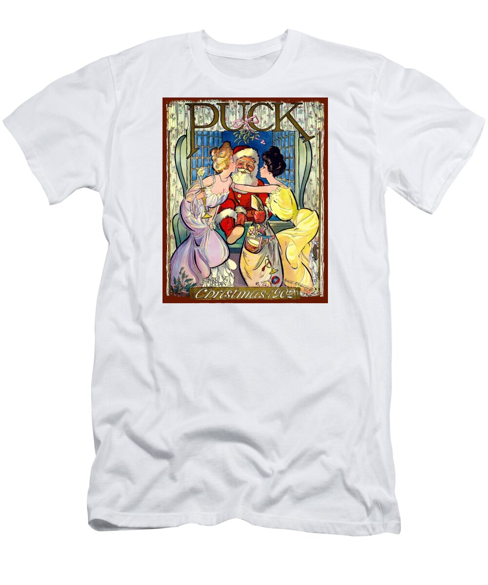 Santa T-Shirt featuring the painting A Kiss For Santa - 1902 Vintage by Ian Gledhill