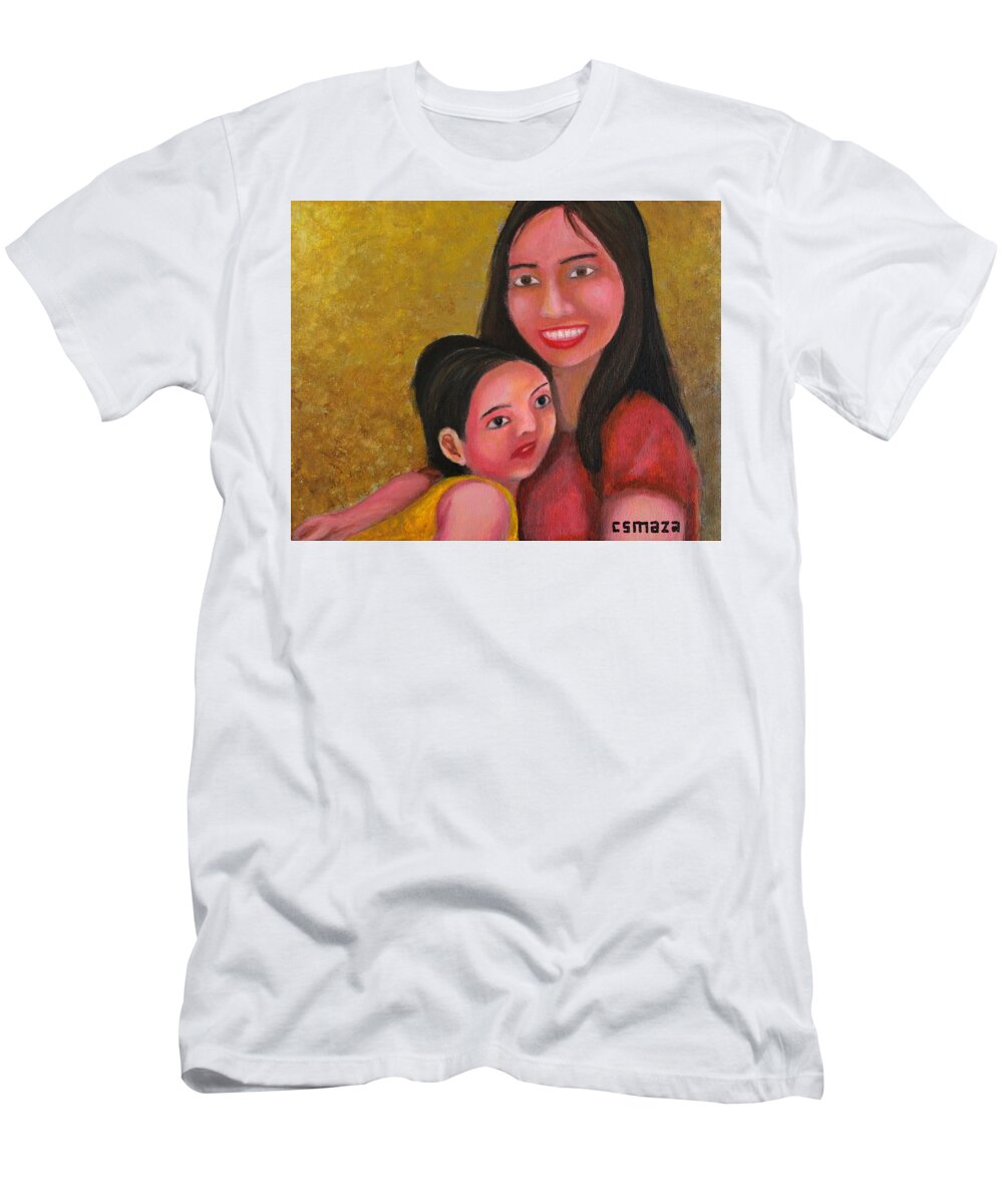 Mom T-Shirt featuring the painting A Moment with Mom by Cyril Maza
