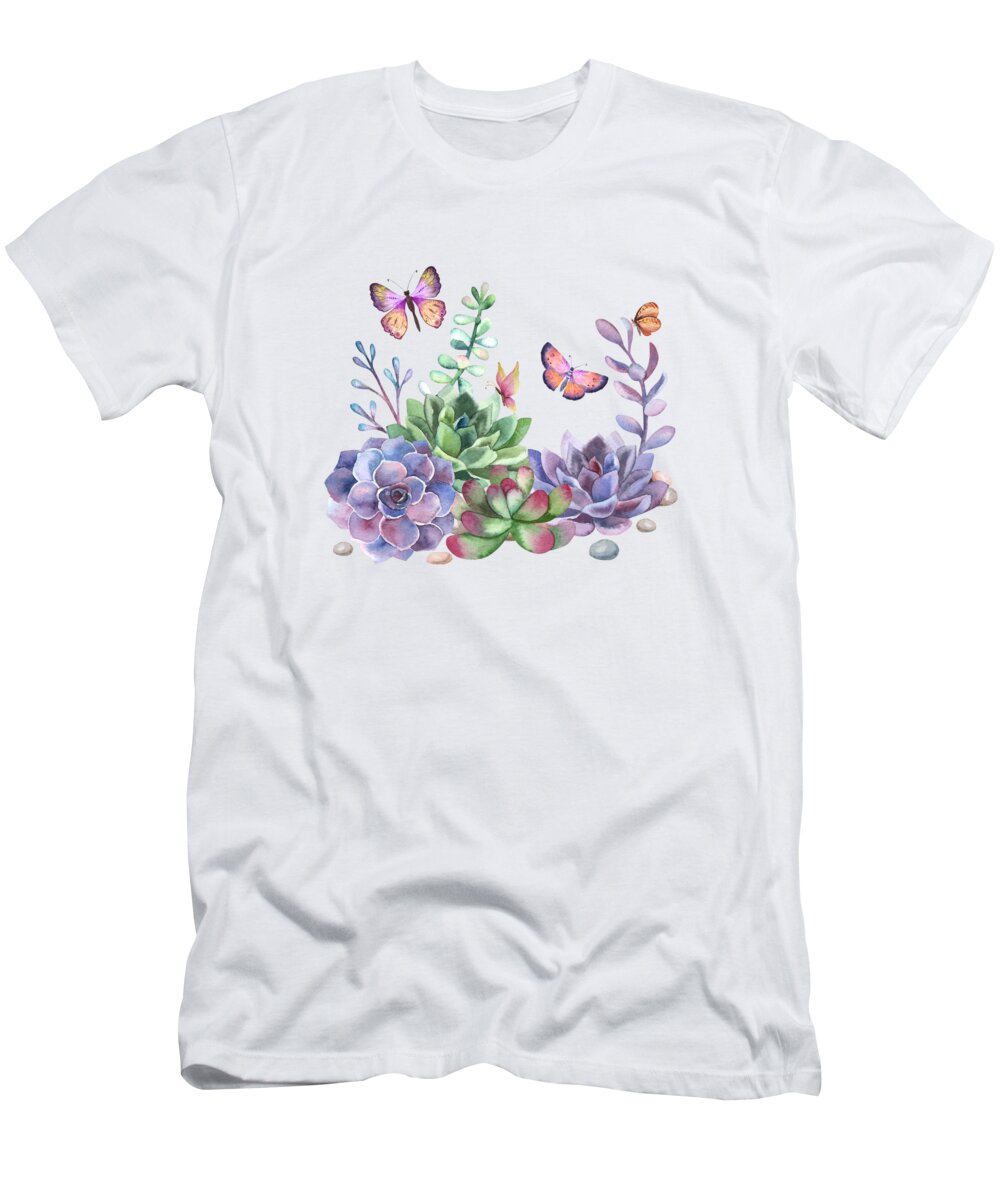 Watercolor T-Shirt featuring the painting A Splendid Secret Succulent Garden With Butterfly Visitors by Little Bunny Sunshine