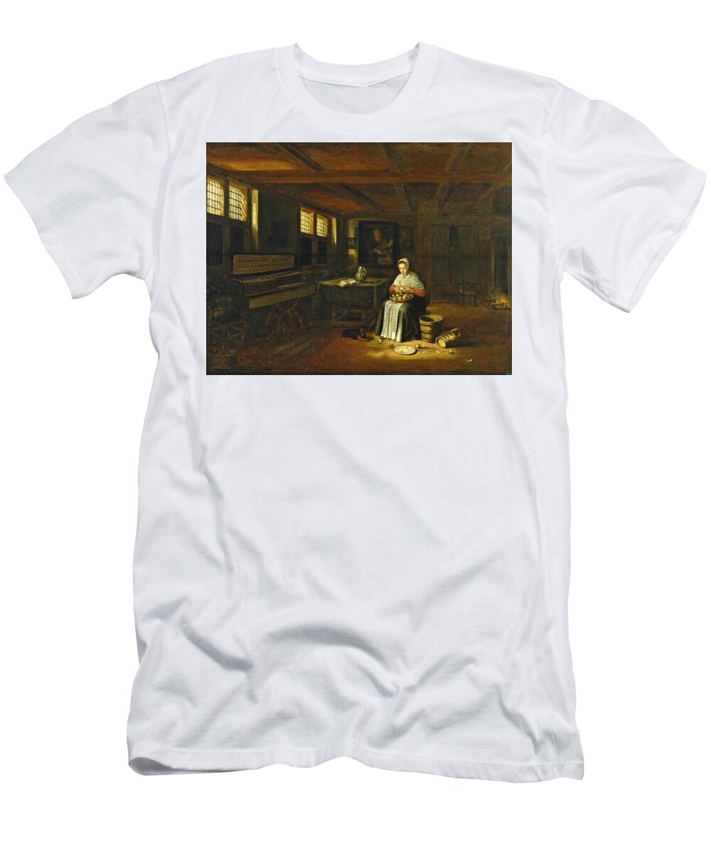Govert Dircksz Camphuysen T-Shirt featuring the painting A Woman in an Interior peeling Vegetables by Govert Dircksz Camphuysen