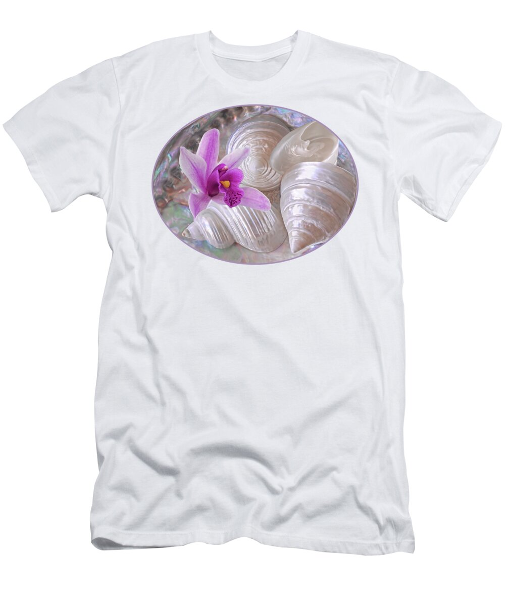 Seashell T-Shirt featuring the photograph Abalone With Pearl Shells and Purple Orchid by Gill Billington