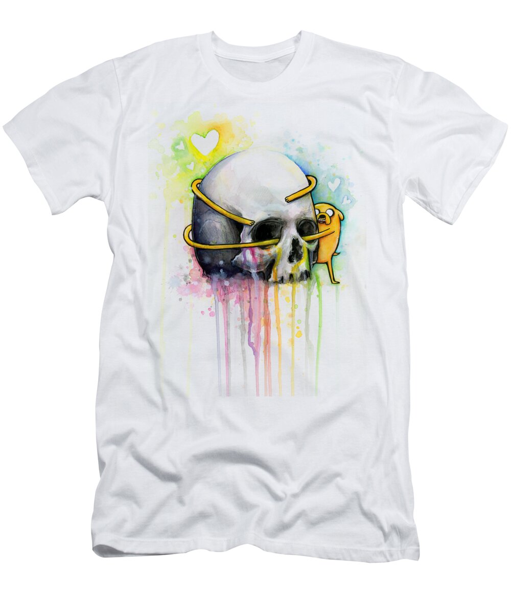 Adventure Time T-Shirt featuring the painting Adventure Time Jake Hugging Skull Watercolor Art by Olga Shvartsur