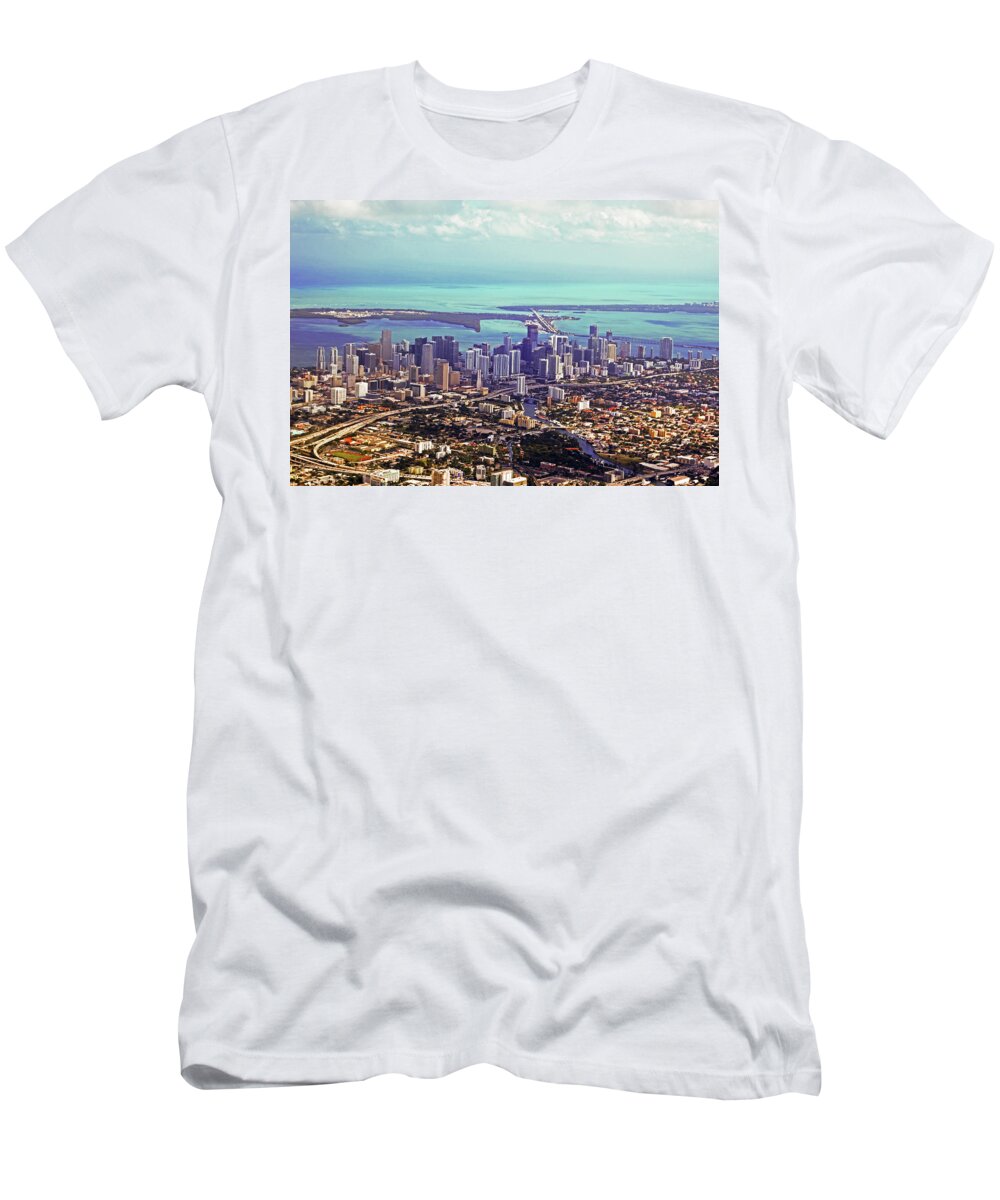 Miami T-Shirt featuring the photograph Aerial of the Miami Skyline Miami Florida FL by Toby McGuire