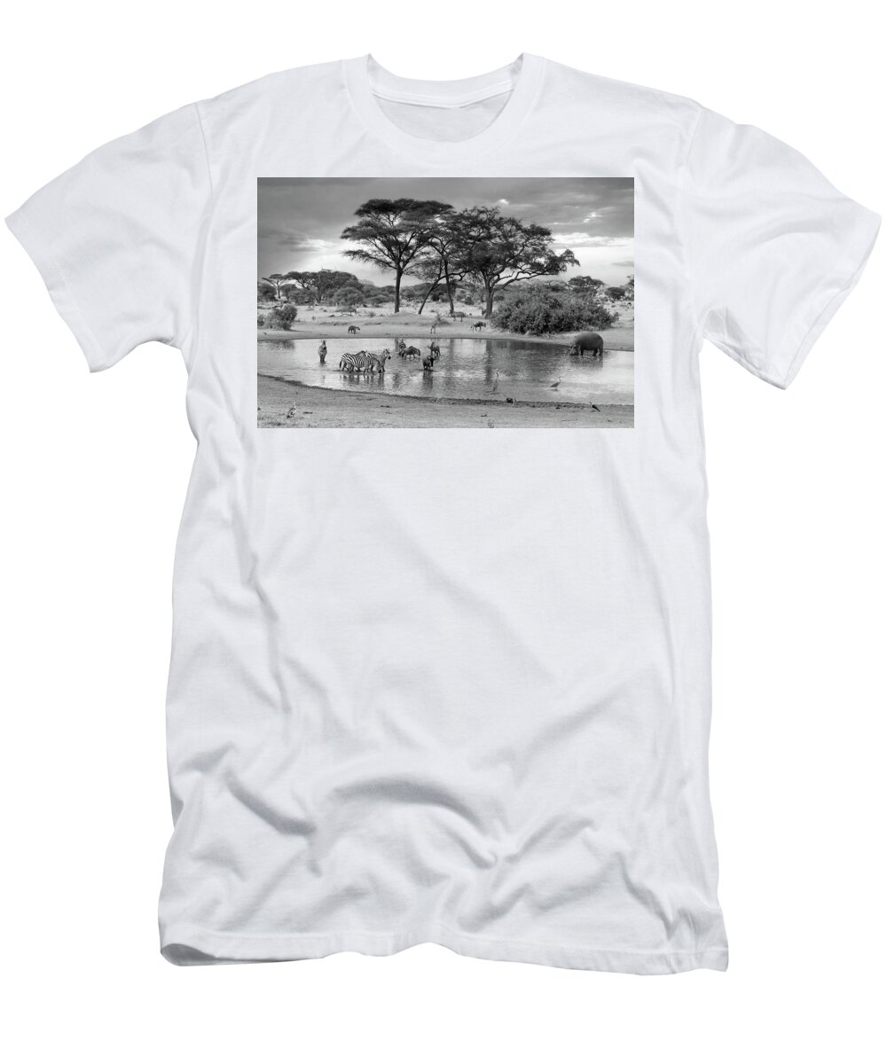 African Landscape T-Shirt featuring the photograph African Wildlife at the Waterhole in Black and White by Gill Billington