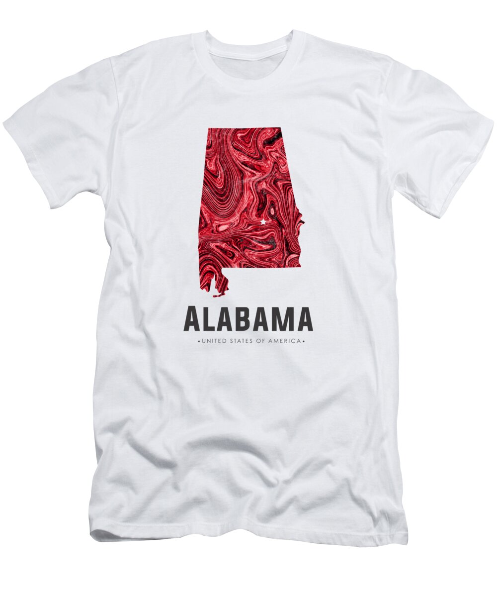 Alabama T-Shirt featuring the mixed media Alabama Map Art Abstract in Red by Studio Grafiikka