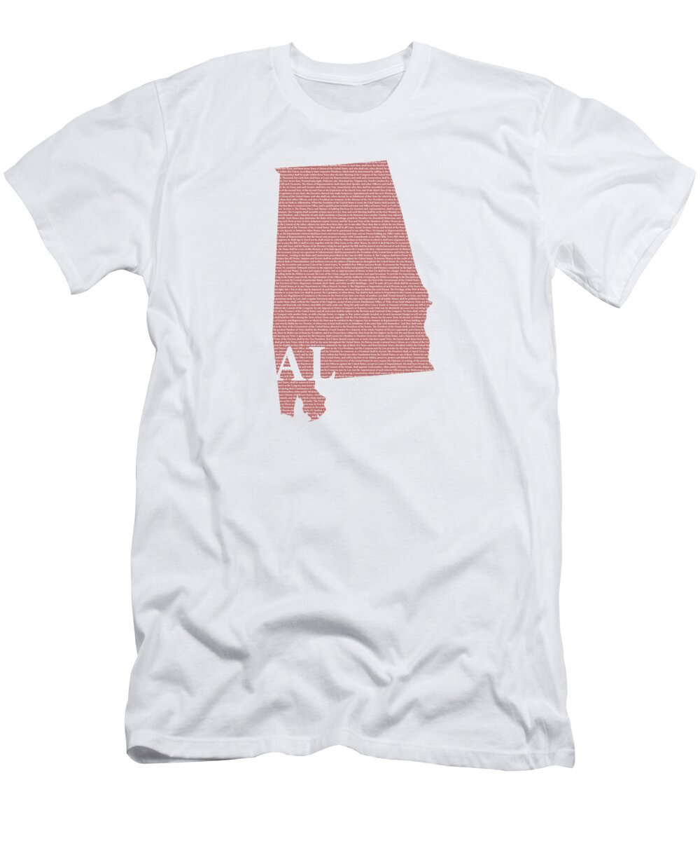 Alabama T-Shirt featuring the mixed media Alabama State Map With Text Of Constitution by Design Turnpike