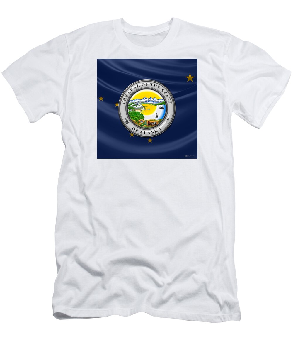 'state Heraldry' Collection By Serge Averbukh T-Shirt featuring the digital art Alaska State Seal over Flag by Serge Averbukh
