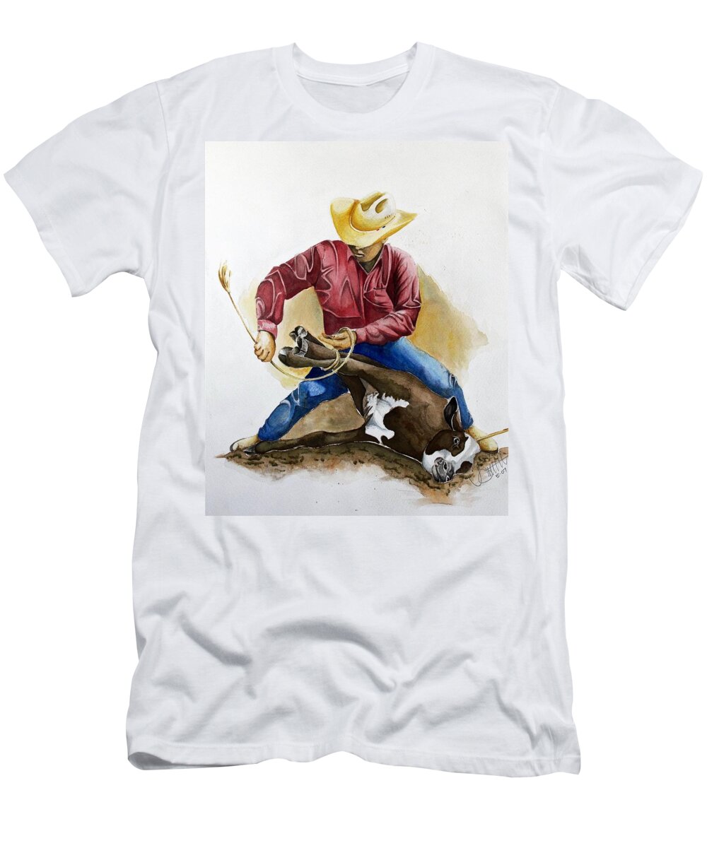 Calf T-Shirt featuring the painting All Cinched Up by Jimmy Smith