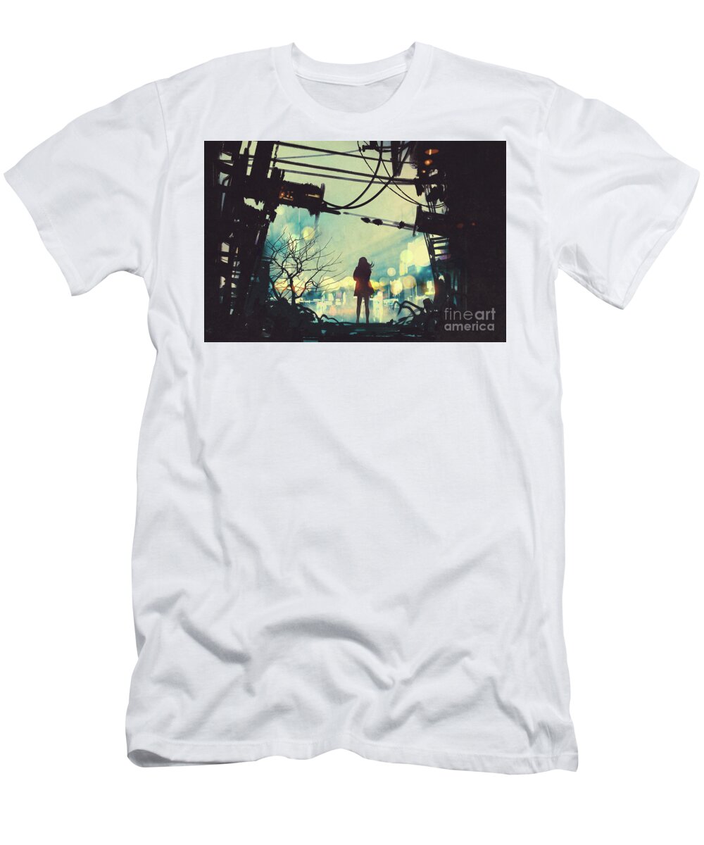 Illustration T-Shirt featuring the painting Alone In The Abandoned Town#2 by Tithi Luadthong