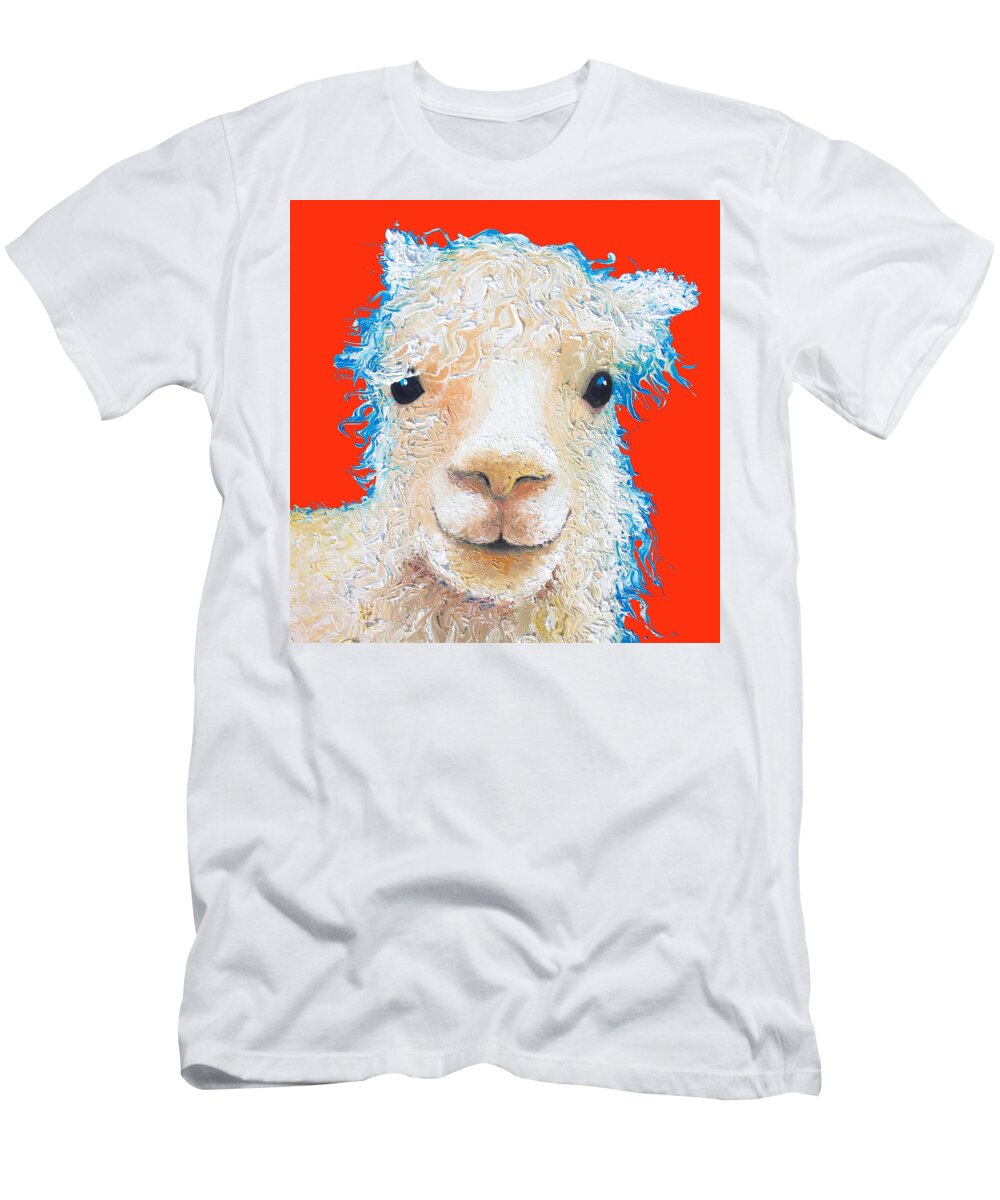Alpaca T-Shirt featuring the painting Alpaca painting on red by Jan Matson