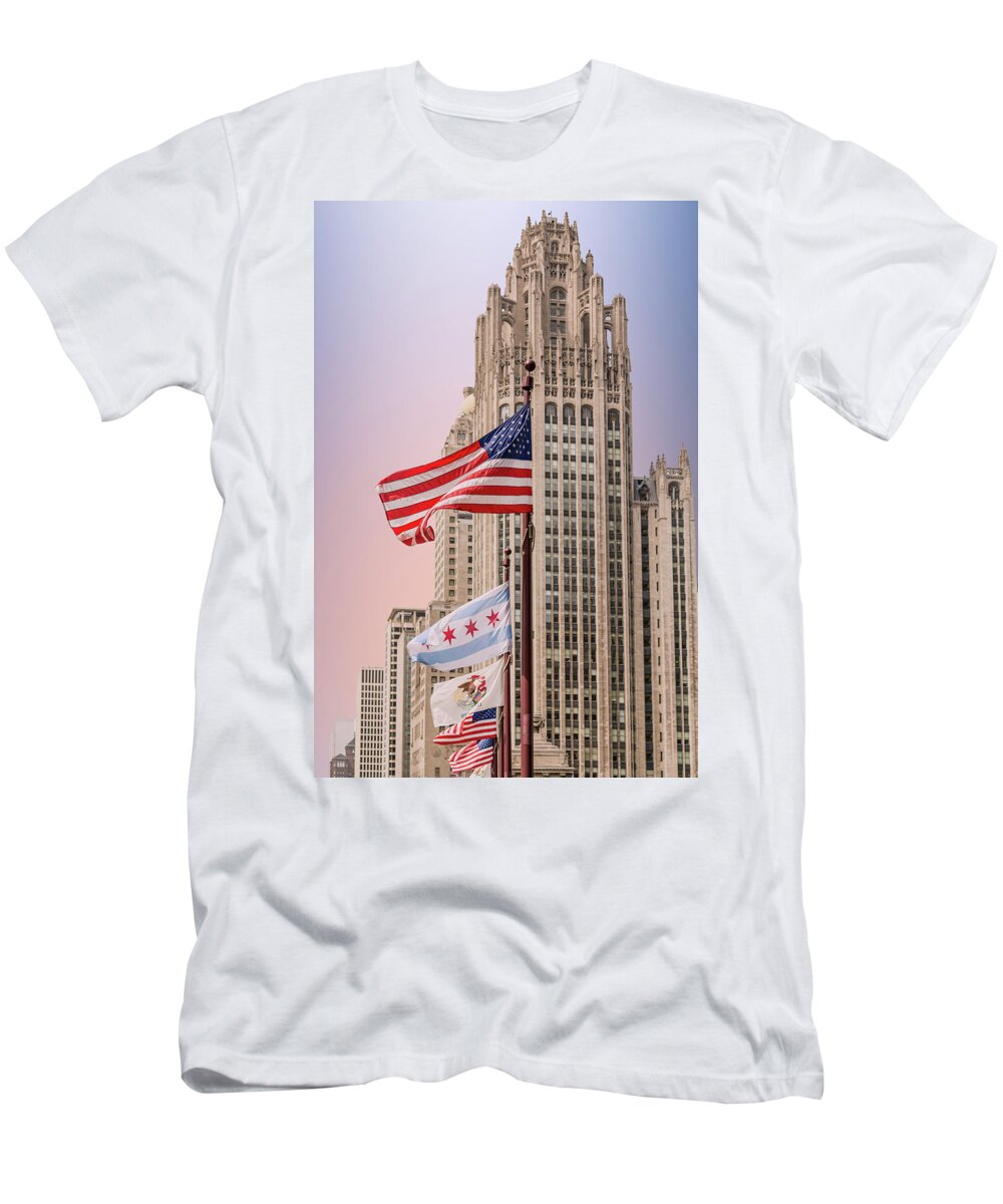 Chicago T-Shirt featuring the photograph American Flags by Chicago Tower by Darryl Brooks