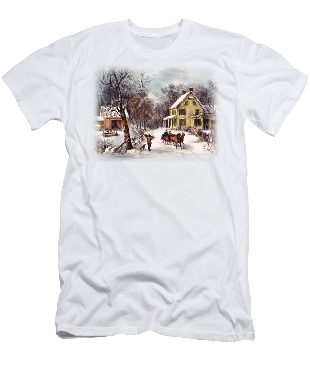 Winter Scene T-Shirt featuring the painting American Homestead by Currier and Ives