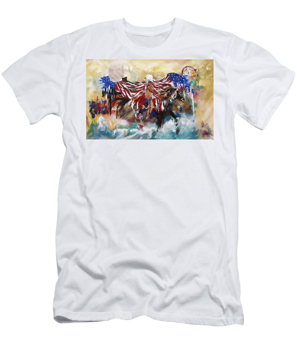 American Pride Flag Eagle Indian Horse New York George Washington President History Wave Ocean Abstract Painting Indian Symbol City Statue Liberty Freedom Blue Red White American Eagle Miroslaw Chelchowski T-Shirt featuring the painting American Pride by Miroslaw Chelchowski