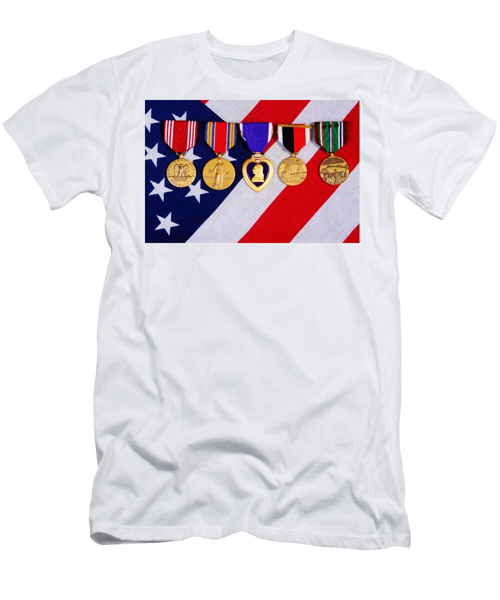 . American Medals T-Shirt featuring the photograph American War Medals of a flag background by James BO Insogna