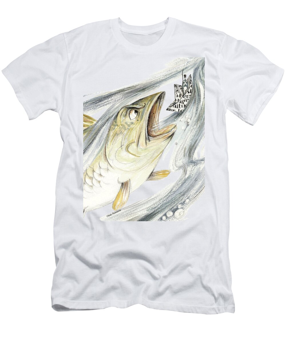 Fish T-Shirt featuring the painting Angry Fish Ready to Swallow Tin Soldier's Paper Boat - Horizontal - Fairy Tale Illustration Fragment by Elena Abdulaeva