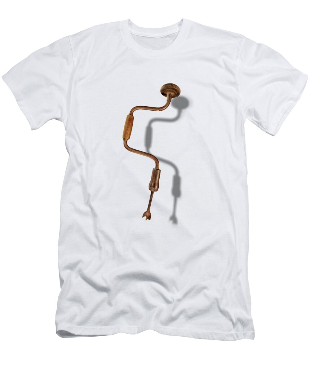 Vintage Drill T-Shirt featuring the photograph Antique Bit Brace and Drill Bit Floating on White by YoPedro
