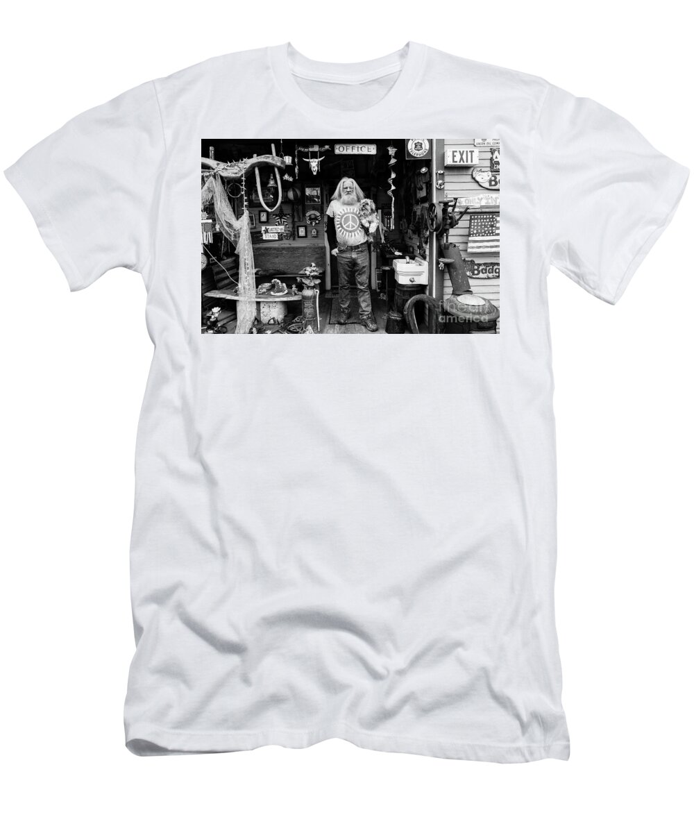 Eccentric T-Shirt featuring the photograph Antique Home with Owner and His Dog by Jim Corwin
