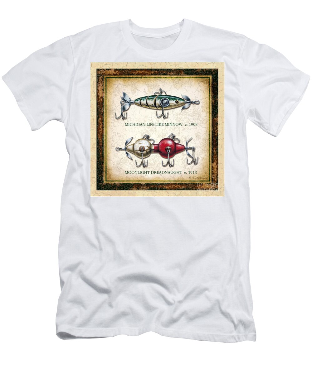 Jon Q Wright T-Shirt featuring the painting Antique Lure Panel Two by JQ Licensing