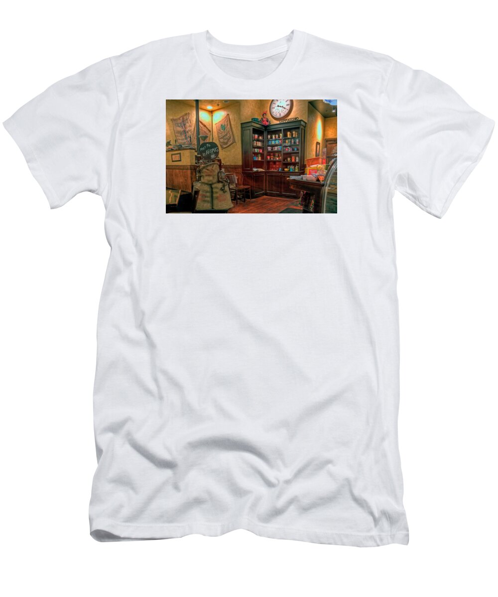 Aromas T-Shirt featuring the photograph Aromas Coffee Shop by Jerry Gammon