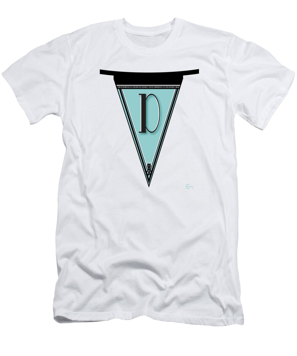 Monogram T-Shirt featuring the digital art Pennant Deco Blues Banner initial letter D by Cecely Bloom