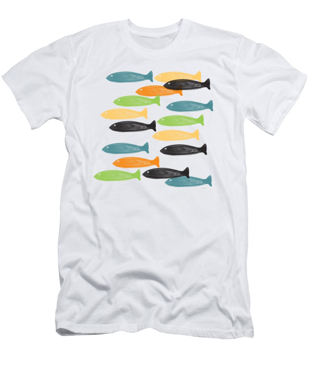 Fish Pond River Fishing Blue Green Orange Yellow Fish Pattern Art For Kids Room Dorm Room Art Cabin Art Hunting And Fishing Modern Fish Abstract Fish Art Outdoors Bedroom Art Kitchen Art Living Room Art Gallery Wall Art Art For Interior Designers Hospitality Art Set Design Wedding Gift Art By Linda Woods T-Shirt featuring the painting Colorful Fish by Linda Woods