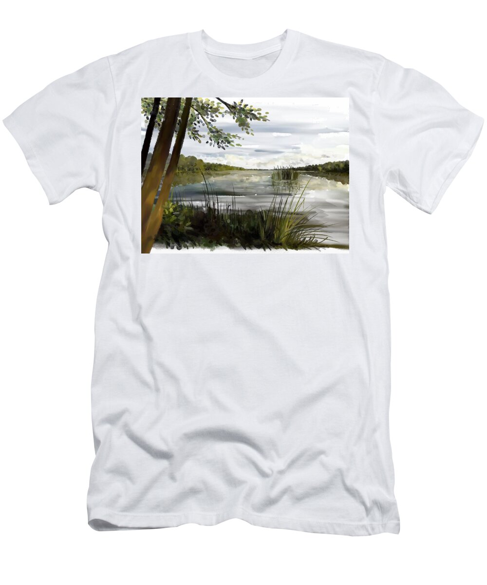 Painting T-Shirt featuring the painting Quiet day by lake by Ivana Westin