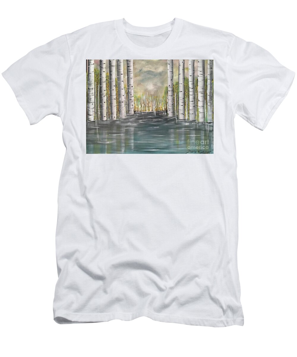 Landscape T-Shirt featuring the painting Aspen trees by Maria Karlosak