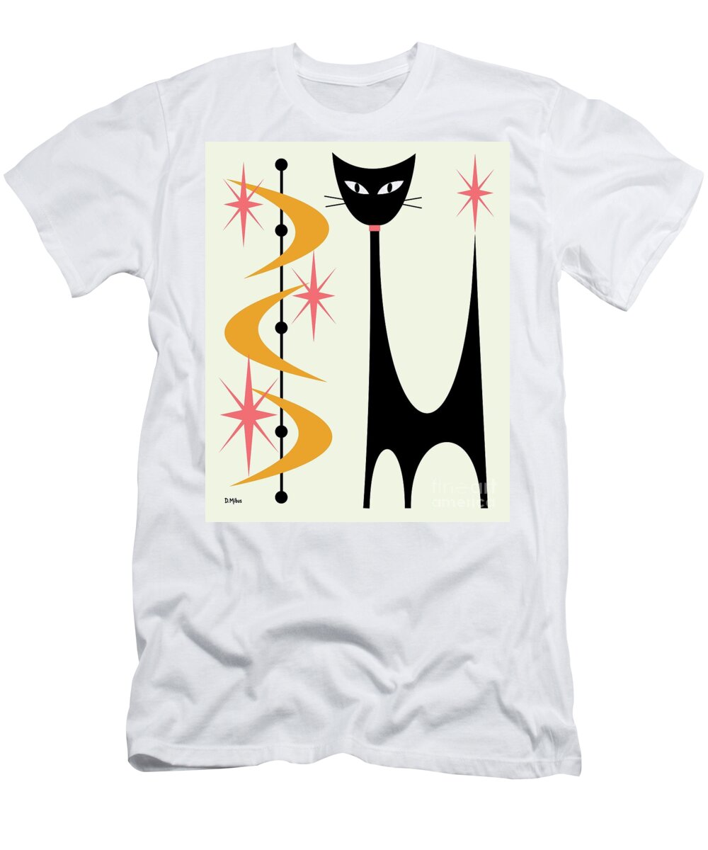 Mid Century Modern T-Shirt featuring the digital art Atomic Cat Pink and Gold on Cream by Donna Mibus