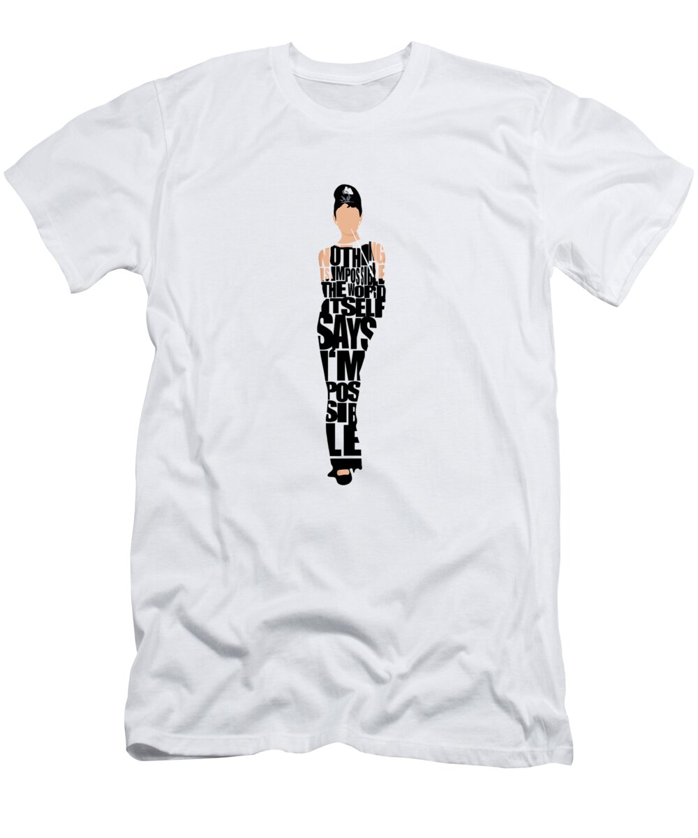 Audrey Hepburn T-Shirt featuring the digital art Audrey Hepburn Typography Poster by Inspirowl Design