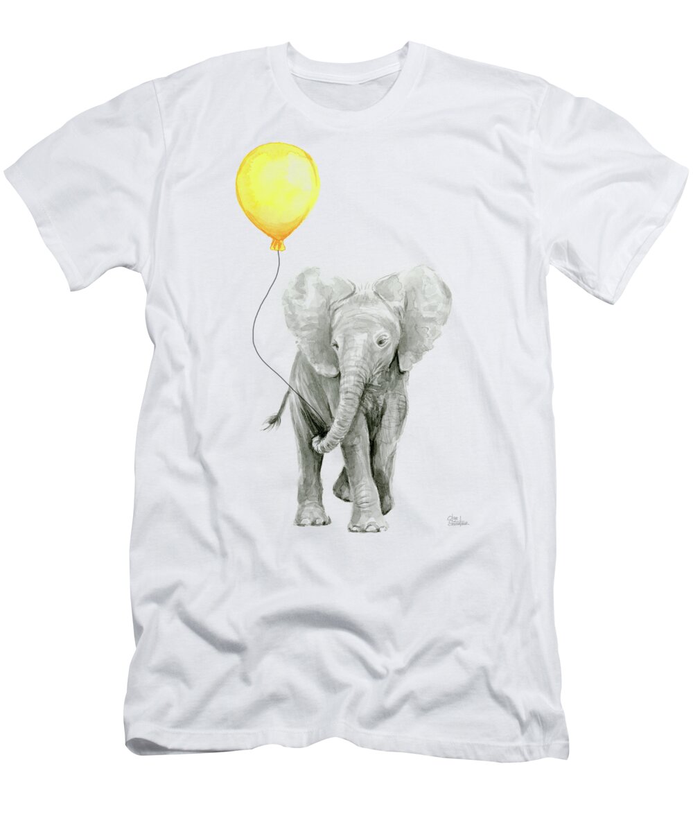 Elephant T-Shirt featuring the painting Baby Elephant Watercolor with Yellow Balloon by Olga Shvartsur