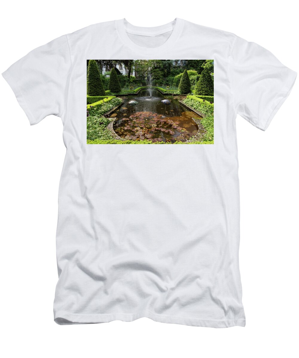Georgia Mizuleva T-Shirt featuring the photograph Backyard Oasis Symmetry - Gracious Garden Fountain by Georgia Mizuleva
