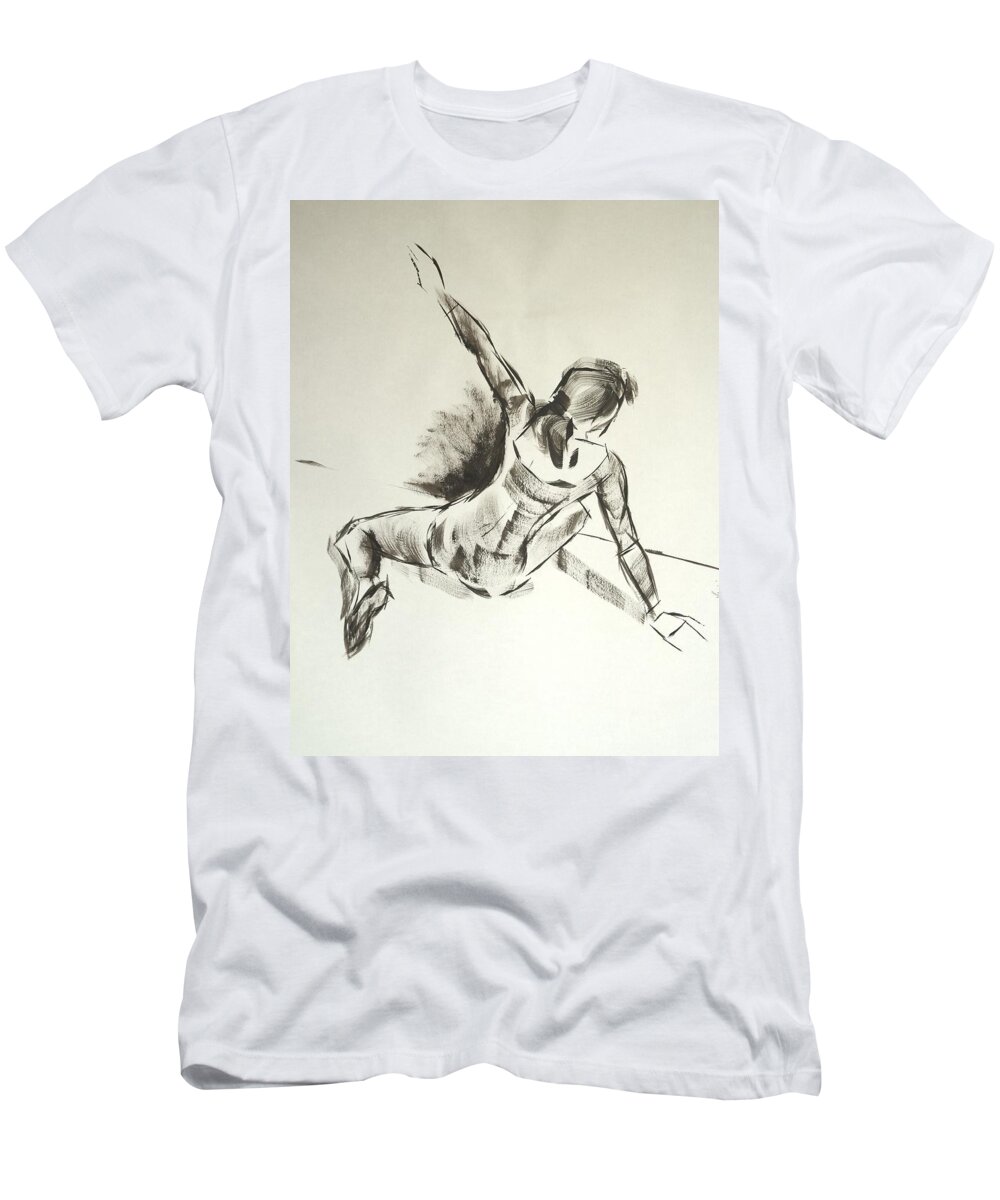 Ballet T-Shirt featuring the drawing Ballet Dancer Sitting On Floor With Weight On Her Right Arm by Mike Jory