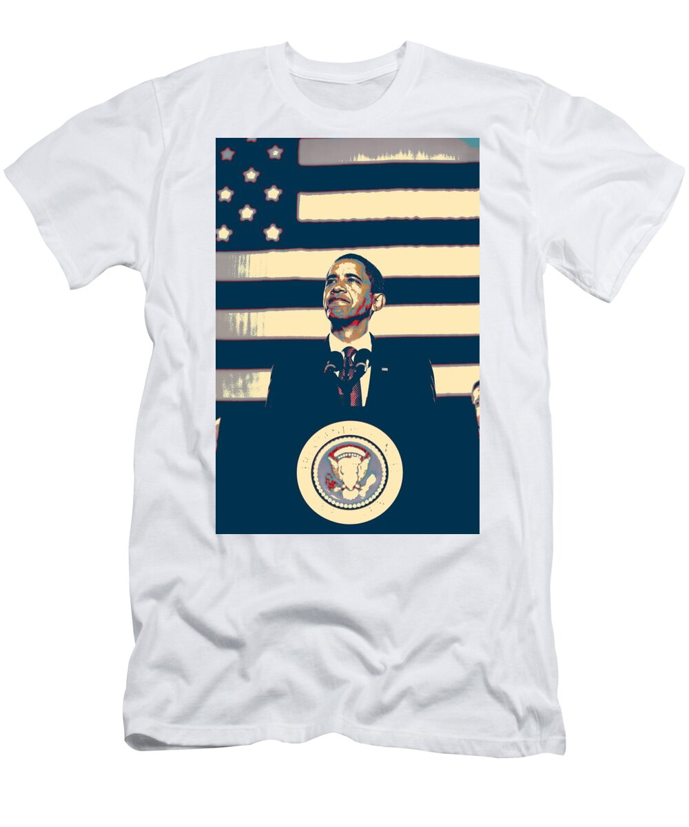 Barack Obama With American Flag 4 T-Shirt featuring the painting Barack Obama With American Flag 4 by Celestial Images