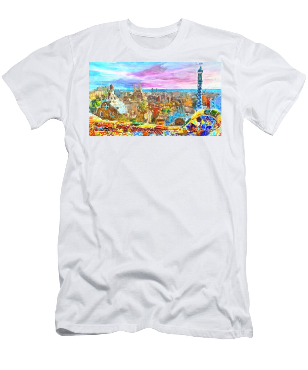 Park Guell Landscape T-Shirt featuring the painting Barcelona from Park Guell by Stefano Senise