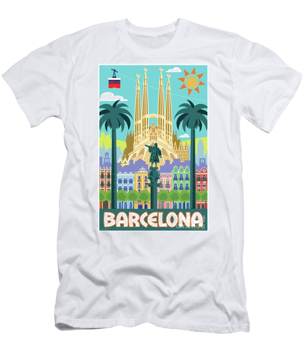 #faatoppicks T-Shirt featuring the digital art Barcelona Poster - Retro Travel by Jim Zahniser