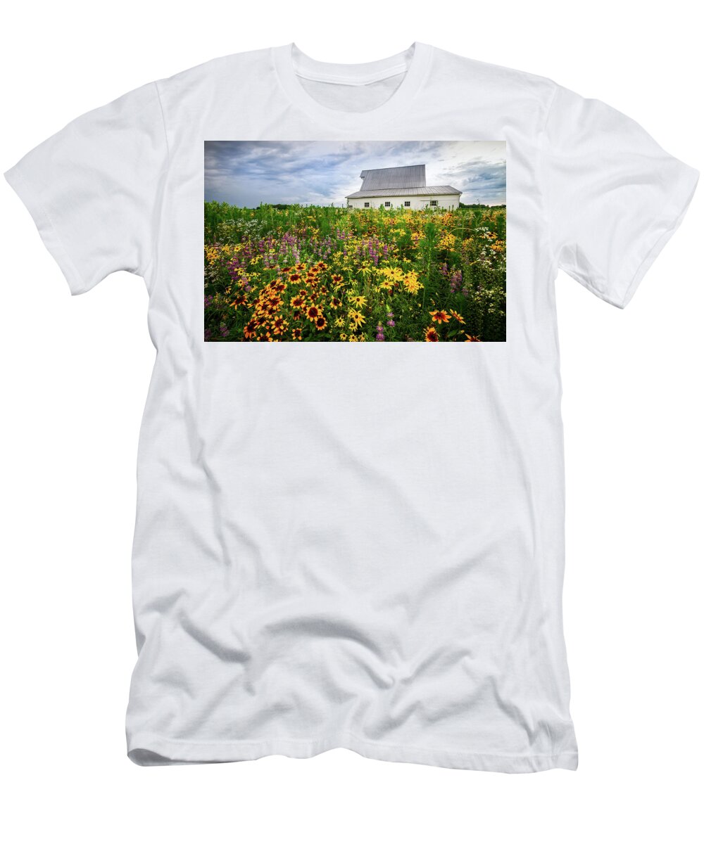 Gloriosa Daisy T-Shirt featuring the photograph Barn and Wildflowers by Ron Pate