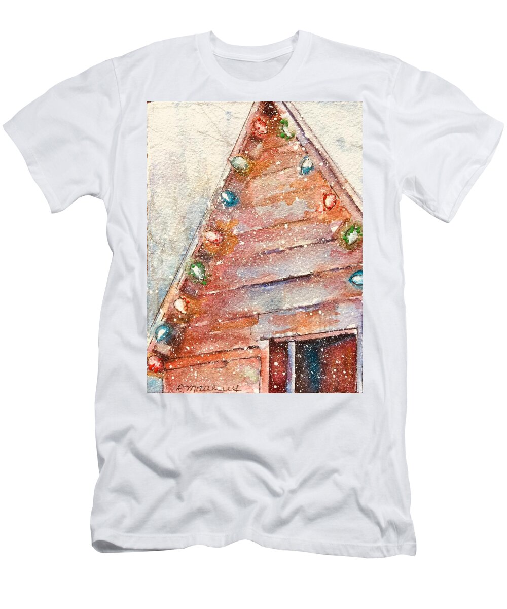Christmas Cards By Rebecca Matthews T-Shirt featuring the painting Barn in snow by Rebecca Matthews