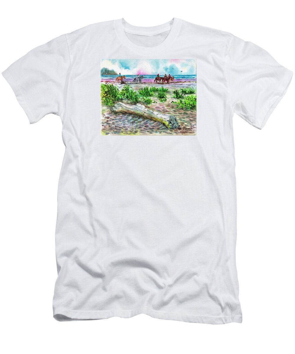 Beachscape #4 T-Shirt featuring the painting Beach Horseback Riding by Cynthia Pride