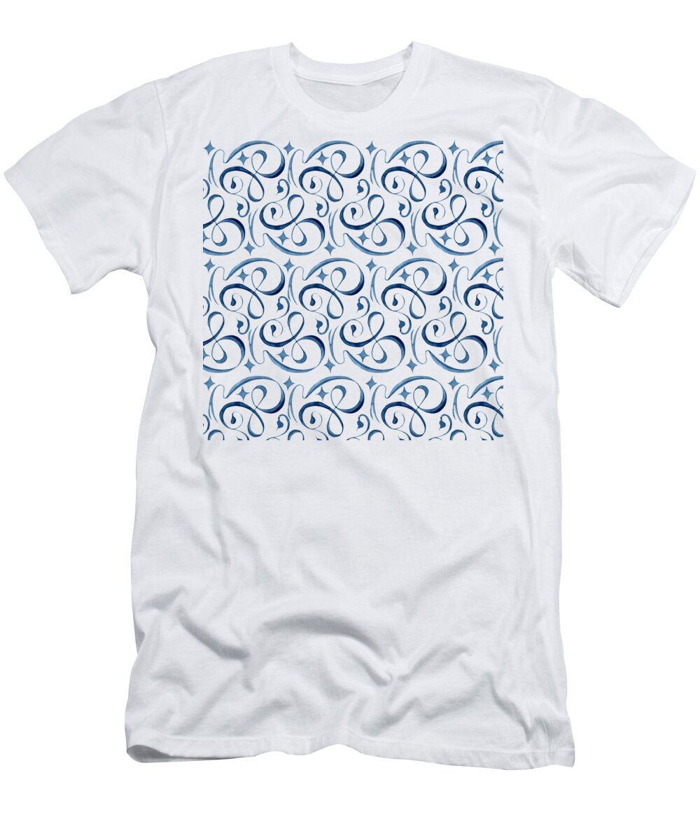 Indigo Blue T-Shirt featuring the painting Beach House Indigo Star Swirl Scroll Pattern by Audrey Jeanne Roberts