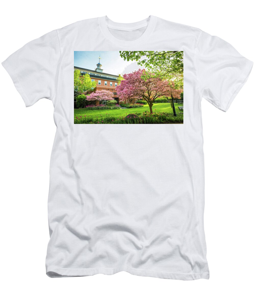 Belknap Mill T-Shirt featuring the photograph Belknap Mill - Flowering Crabapple by Robert Clifford