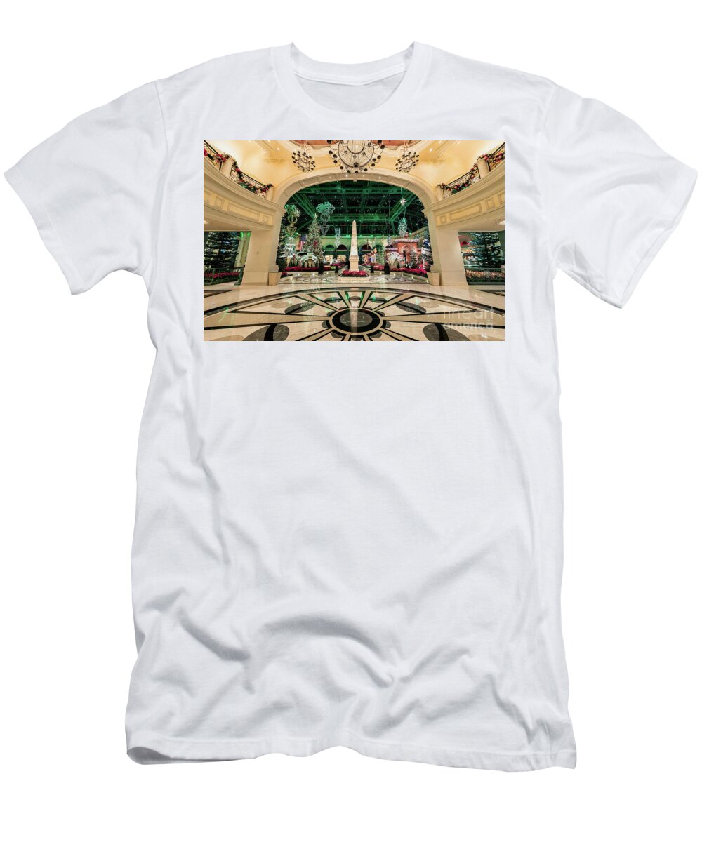 Bellagio Christmas Tree T-Shirt featuring the photograph Bellagio Conservatory Side Entrance at Christmas 2017 by Aloha Art